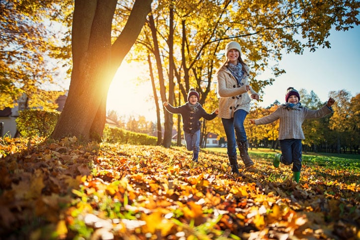 A woman and two children wearing autumn clothes walk and play among fallen leaves in a park, with sunlight shining through the trees. As they relish the fall scenery, it's easy to see why this is the best time to clean carpets after outdoor fun.