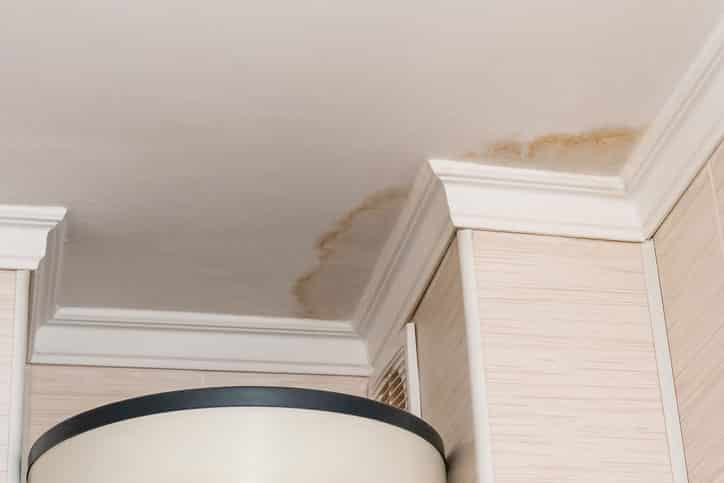 Ceiling with visible brown water stains and discoloration near the corners, indicating possible water damage or a leak above. White crown molding trims the ceiling and walls, showing how fast home damage can affect your interior surfaces.