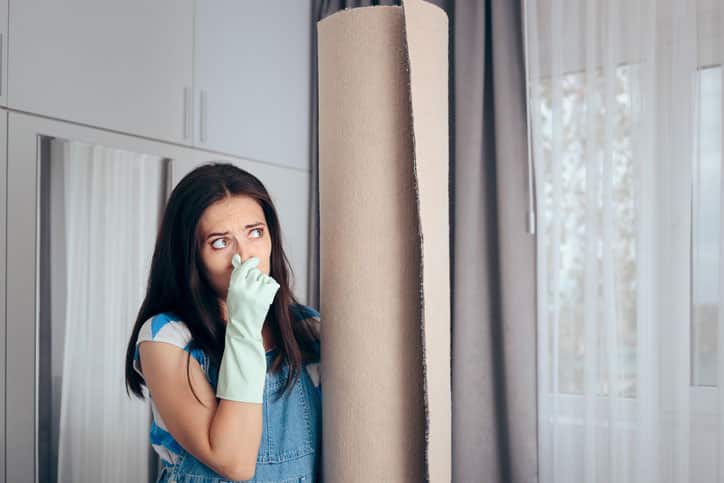 A woman wearing cleaning gloves holds her nose with one hand and a rolled-up carpet with the other, reacting to a musty odor—a common water damage sign—in a bright room with large windows.