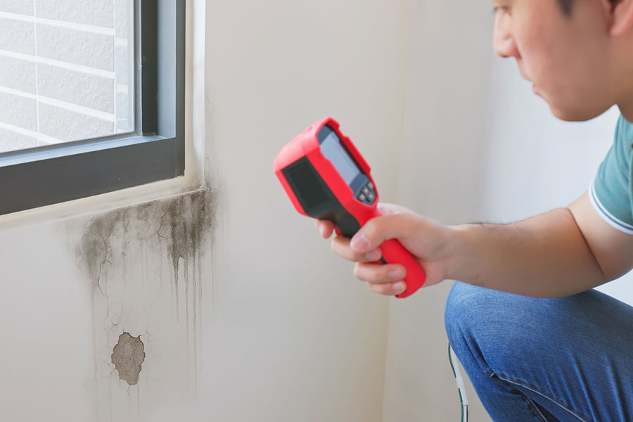 A person uses a handheld moisture meter to inspect water damage and mold on a white wall near a window. The wall shows black mold stains and peeling paint, signs that may require water restoration or flood cleanup.